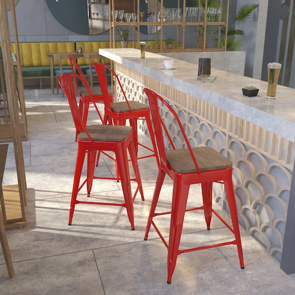 Flash Furniture High Red Metal Counter Height Stool with Back and Wood Seat, 24", PK4 4-CH-31320-24GB-RED-WD-GG - main